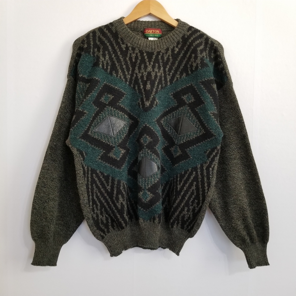 Vintage Oakton Limited Wool Blend Leather Trim Detail Sweater Size Large